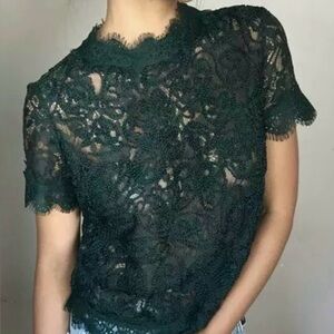 Zara Trafaluc Dark Green Eyelet Lace Short Sleeve Top Blouse Size M Medium NWT